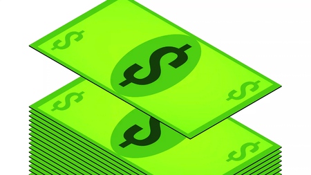 dollars fall in a pile on white background, isometric, isolate