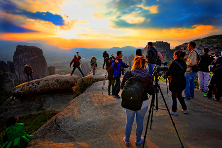 31 March 2017. The Group Bulgarian photographers shoot sunset Meteora in Greece. Meteora is included in the UNESCO World Heritage Site.のeditorial素材