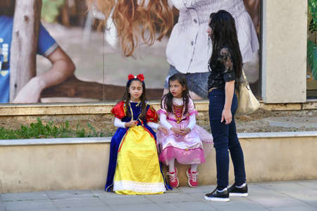 Tired participants in a street show. Town Holiday. Gabrovo, Bulgaria 20 May 2017のeditorial素材