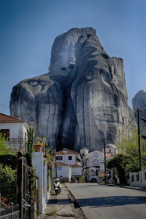 The Kastraki settlement at the foot of the rock formations Meteora Greece. Meteora is a big monastery complex including nine reserved monastery built on top of difficult high cliffs resembling stone pillars 400 metersのeditorial素材