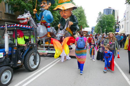 Gabrovo, Bulgaria May 19, 2018. Traditional Carnival of Humor and Satire. Street art. A march of humorous models, masks and costumes.のeditorial素材