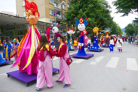 Gabrovo, Bulgaria May 19, 2018. Traditional Carnival of Humor and Satire. Street art. A march of humorous models, masks and costumes.のeditorial素材