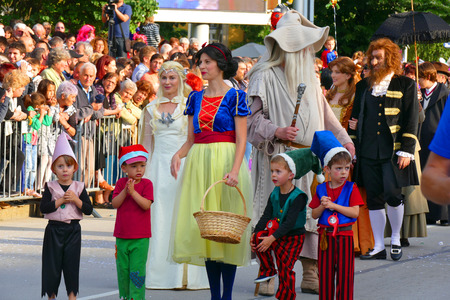 Gabrovo, Bulgaria May 19, 2018. Traditional Carnival of Humor and Satire. Street art. A group of heroes with the participation of the mayor of Gabrovo, Mrs. Tanya Hristova.のeditorial素材