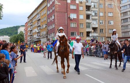 Gabrovo, Bulgaria May 19, 2018. Traditional Carnival of Humor and Satire. Street art. Participation of horses in the carnival.のeditorial素材