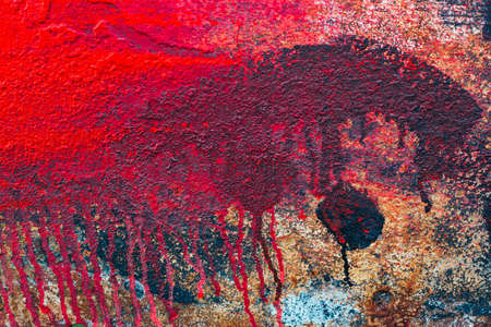 Dirty grungy smudgy weathered red metal steel concrete wall backgroundの写真素材