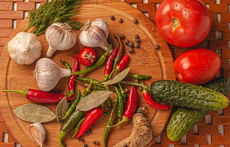Various ingredients on a wooden board.の写真素材