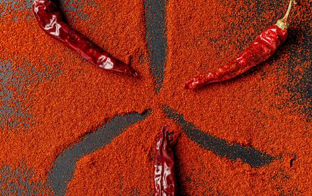Fiery red pepper on a black background. View from above.の写真素材