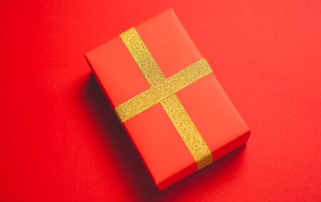 Festive composition on a red background. Template with place for text.の写真素材