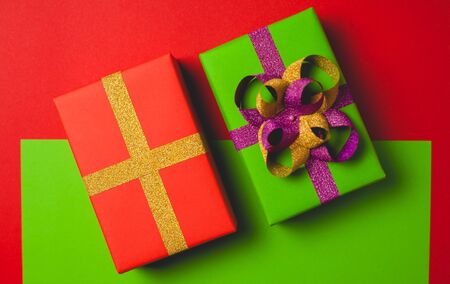 Festive composition on a red background. Template with place for text.の写真素材