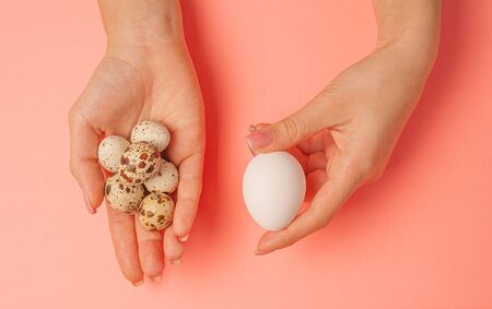 The girl holds in hands a lot of quail eggs. Close up on a pink background with place for text.