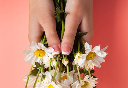 Slender young hands hold flowers, with a thin wrist, clean skin and French manicure. Flat lay photo, with place for text.の写真素材