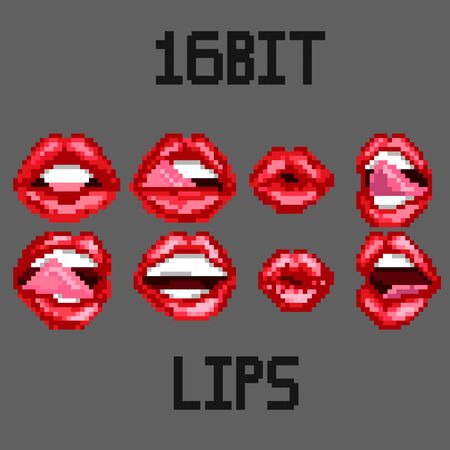Pixel art lips stickers, set of vector illustrations of sexy female lips. Female mouths are different, with red lipstick lips. Stock image isolated.のイラスト素材