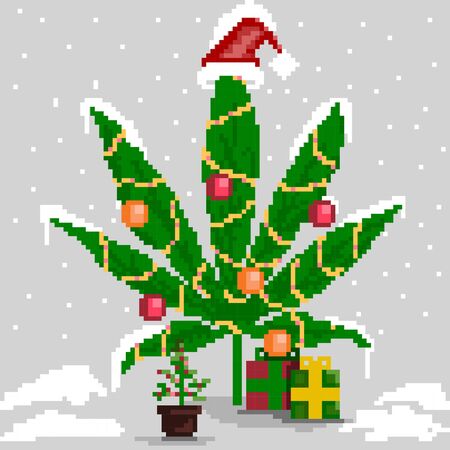 Christmas marijuana, New Year's cannabis leaf with decorations and gifts. Stock vector illustration of cannabis leaf for christmas / new year.のイラスト素材