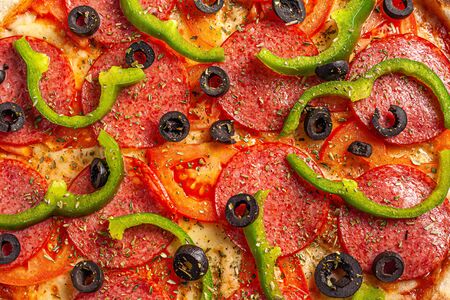 Close up of pizza topping. Macro photo of a pizza topping.の写真素材