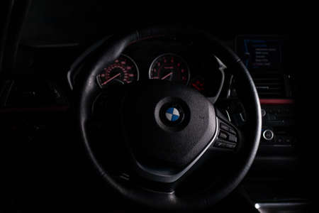 Zaporizhia, Ukraine, March 8, 2020. Black interior of the BMW 328i.