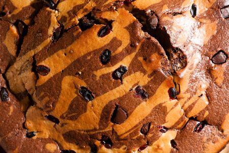 Rustic chocolate cake sprinkled with icing sugar. Chocolate cake on a wooden table.
