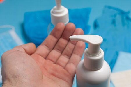 Close-up of a hand sanitizer. Prevention and hygiene of coronavirus and epidemic during quarantine....