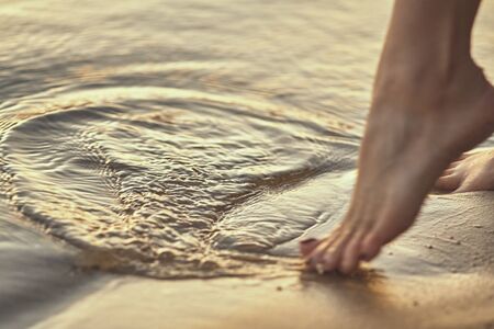 Female feet barefoot on a sandy beach in the water. Close-up of beautiful female legs. Wet foot.の写真素材