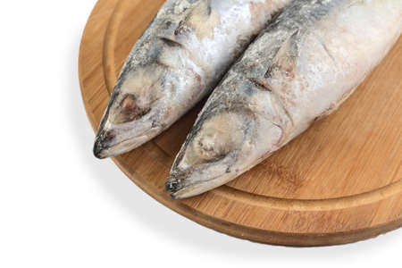 Frozen mackerel fish isolated on white background. Side view. Two mackerels on the board.の写真素材