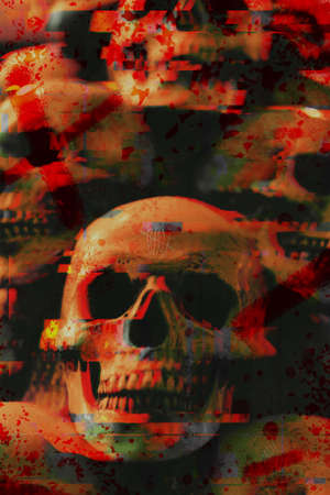 Heap of bloody skulls with glitch effect background. Scary psychedelic picture.の写真素材