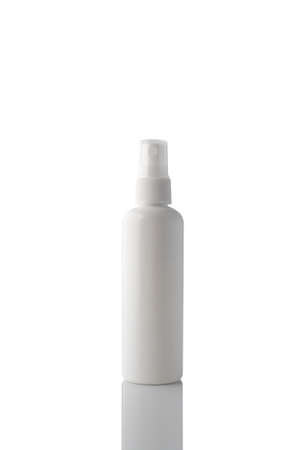 White plastic bottle antiseptic agent spray isolated on a clean white background, with reflection.の写真素材