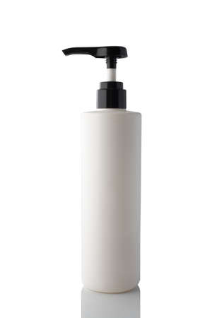 White plastic bottle shower gel or liquid soap isolated on a clean white background, with reflection.の写真素材