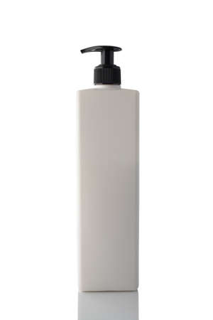 White plastic bottle shower gel or liquid soap isolated on a clean white background, with reflection.の写真素材