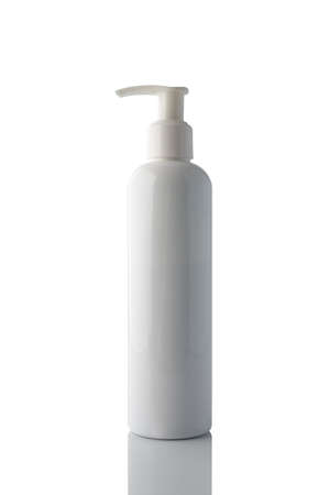White plastic bottle shower gel or liquid soap isolated on a clean white background, with reflection.の写真素材