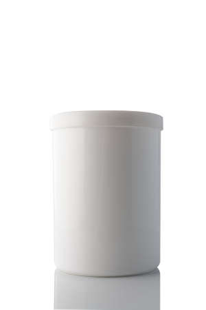White plastic container isolated on a clean white background, with reflection.の写真素材