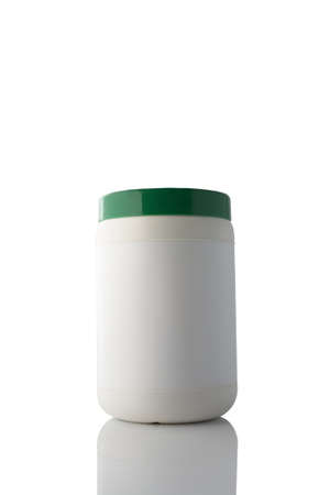 White plastic container isolated on a clean white background, with reflection.の写真素材
