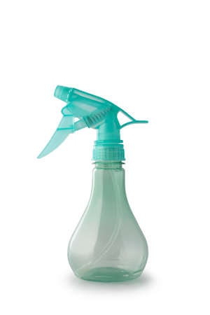 Transparent plastic spray bottle isolated on white background. The container is turquoise.の写真素材