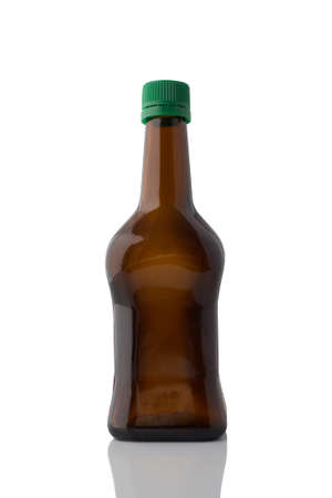 Brown glass bottle with under oil or soy sauce without label isolated on white background.の写真素材