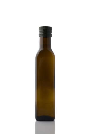 Brown glass bottle with under oil or soy sauce without label isolated on white background.の写真素材