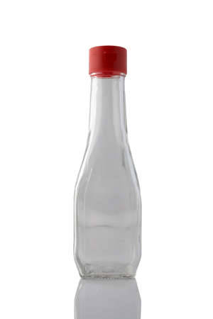 Transparent empty glass bottle from under oil or soy sauce without label isolated on white background.の写真素材