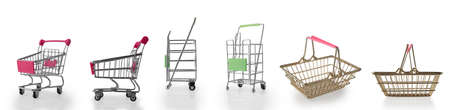 Set of shopping carts, baskets, cargo trolley of different sizes isolated on white background.の写真素材