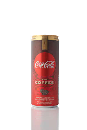 Zaporozhye, Ukraine 24 october 2020: Coca Cola can with coffee and caramel flavor isolated on white background.のeditorial素材