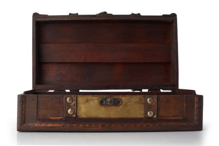 Small wooden retro chest casket isolated on white background.の写真素材