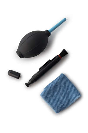 Lens cleaning kit isolated on white background.の写真素材