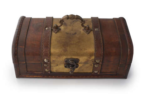 Small wooden retro chest casket isolated on white background.の写真素材