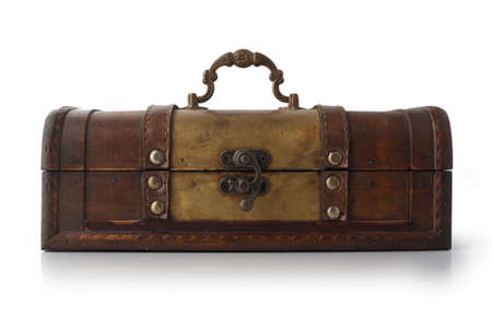 Small wooden retro chest casket isolated on white background.の写真素材
