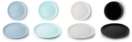 Set of flat empty plates of different colors isolated on white background. Top and side view.の写真素材