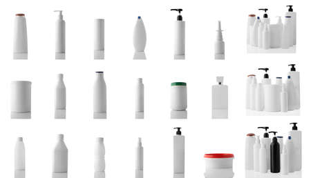Set of different white plastic packaging for branding body care isolated on white background.の写真素材