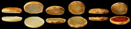 Set of empty burger buns isolated. Different degrees of roasting.の写真素材