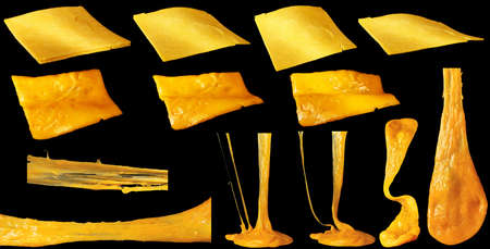 Set of slices of cheddar cheese isolated. Hot stretching cheese.
