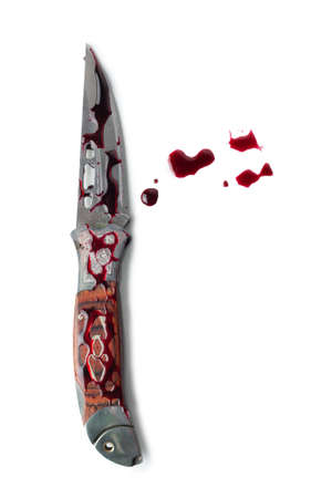Bloody folding knife isolated on white background.の写真素材