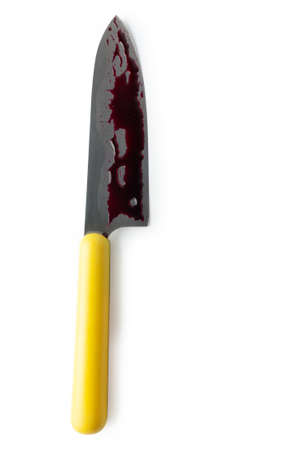Bloody kitchen knife isolated on white background.