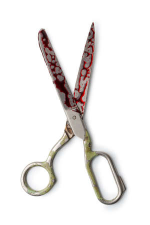 Bloody scissors isolated on white background.の写真素材
