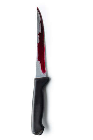 Bloody kitchen knife isolated on white background.の写真素材