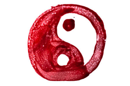 Painted in bloody paint symbol sign of Yin Yang isolated on white background.の写真素材