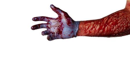 Bloody hand in medical gloves isolated on white background.の写真素材